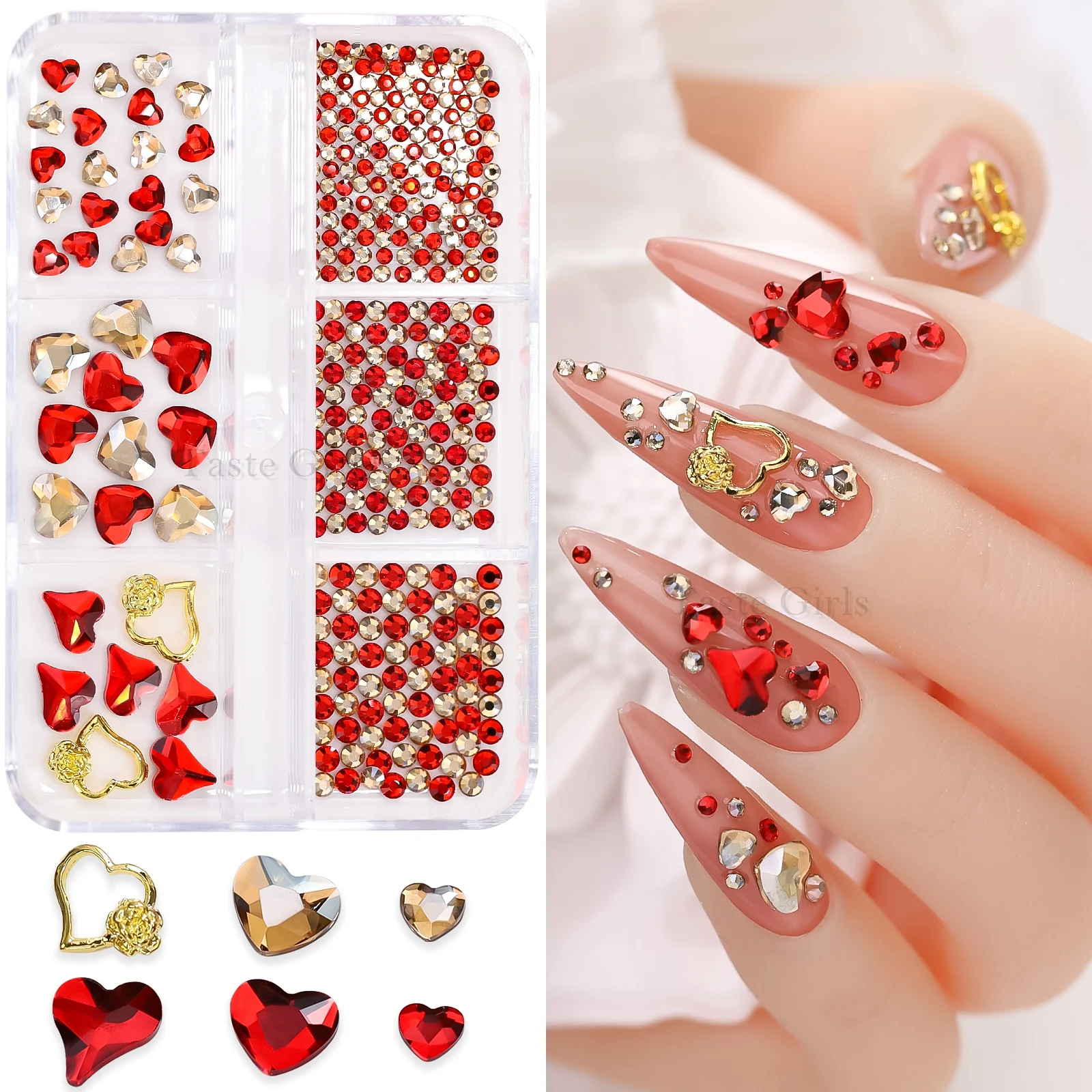 

1 Box Mix Sizes Red Champagne Lover's Day Heart Round Diamond Frame Studs Metal Nail Art Rhinestones Decorations Manicure Charms