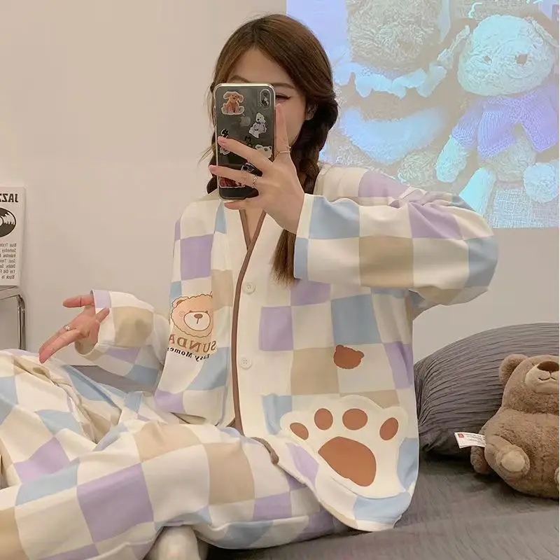 Harajuku Women Roomwear Cartoon Big Eyes Printed Pajamas Set for Young Ladies Girls Homesuit Paryty Cozy Long Sleeves Autumn Pjs