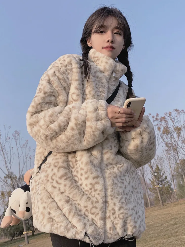 2022new winter Korean zipper top lamb leopard h short coat imitation faux Rabbit Fur grass fur coat female top jacket casual