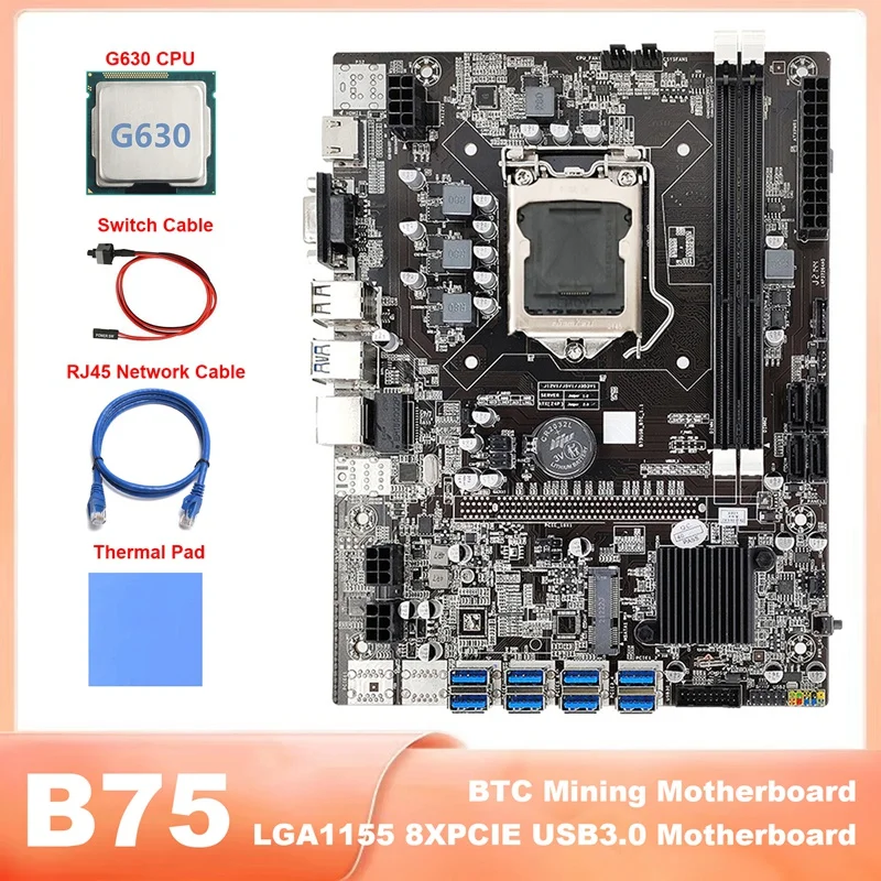 

Материнская плата для майнинга B75 LGA1155 8xpcie USB3.0 материнская плата для майнинга с процессором G630 + сетевой кабель RJ45 + кабель переключателя + те...