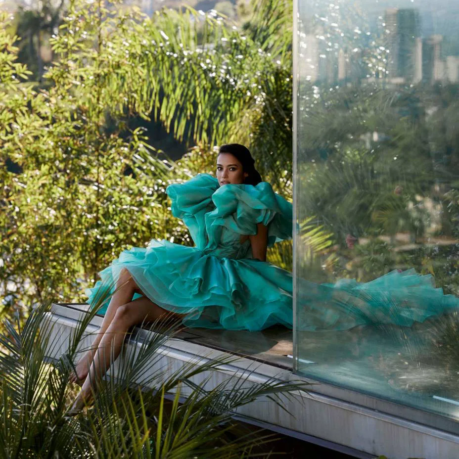 

Unique Turquoise High Low Evening Dresses Puff Ruched Sleeves V-neck Maxi Dresses Women To Party Long Puffy Prom Gowns