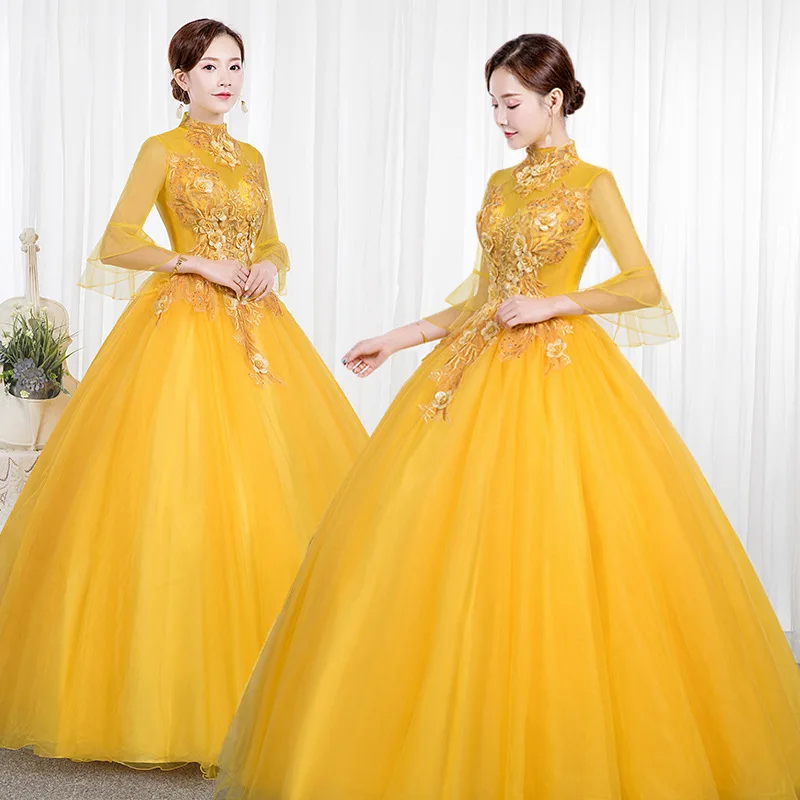 

Женское винтажное бальное платье, роскошное бальное платье 15 лет, кружевное платье с высоким воротником и рукавом-крылышком