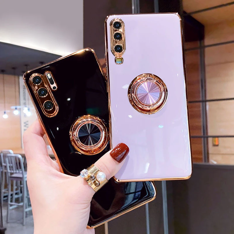 

Luxury Plating Silicone Case For Huawei P30 Pro P20 Mate 20 P40 Honor 20 30 Pro Nova 5T Phone Soft Magnet Cover With Ring Holder