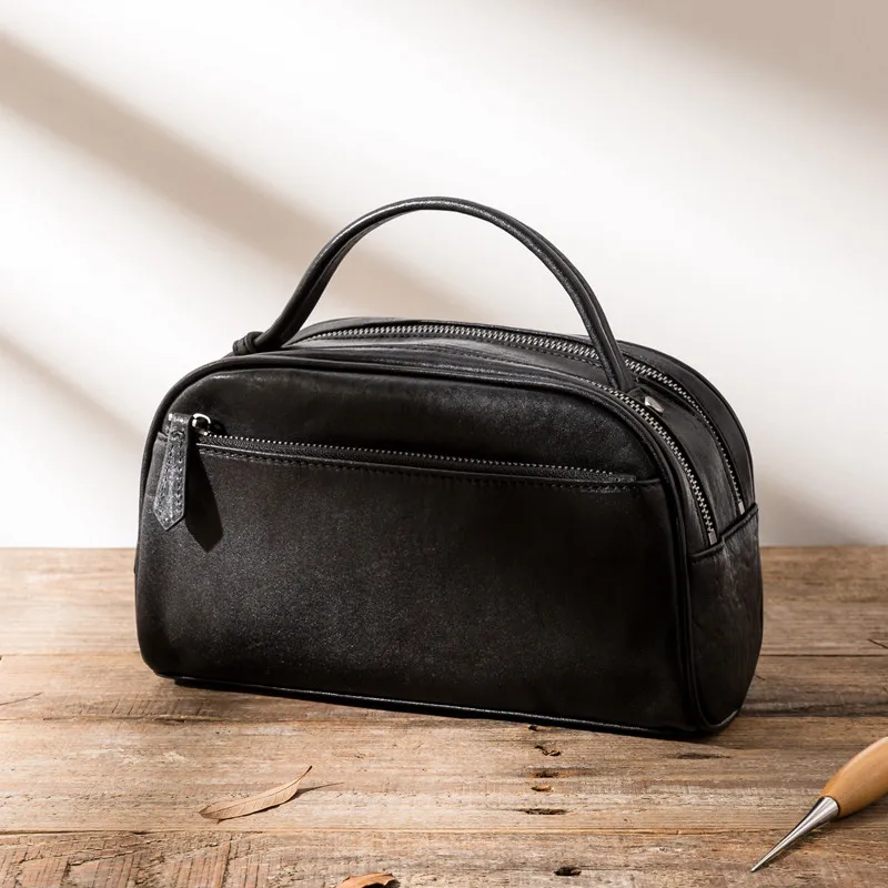 Simple casual high-quality natural genuine leather men's storage toiletry bag retro designer black real cowhide business handbag