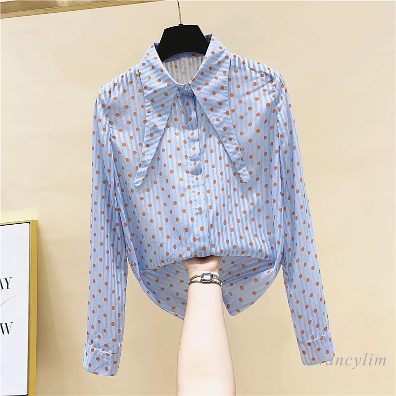 

2022 Spring Summer New Polka Dots Blouses Femme Fashion Peter Pan Collar Chiffon Long-Sleeved Shirt Korean Style Tops