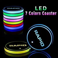 2pcsset luminous car water cup coaster holder 7 colorful usb charging car led atmosphere light for skoda rapid logo accessories