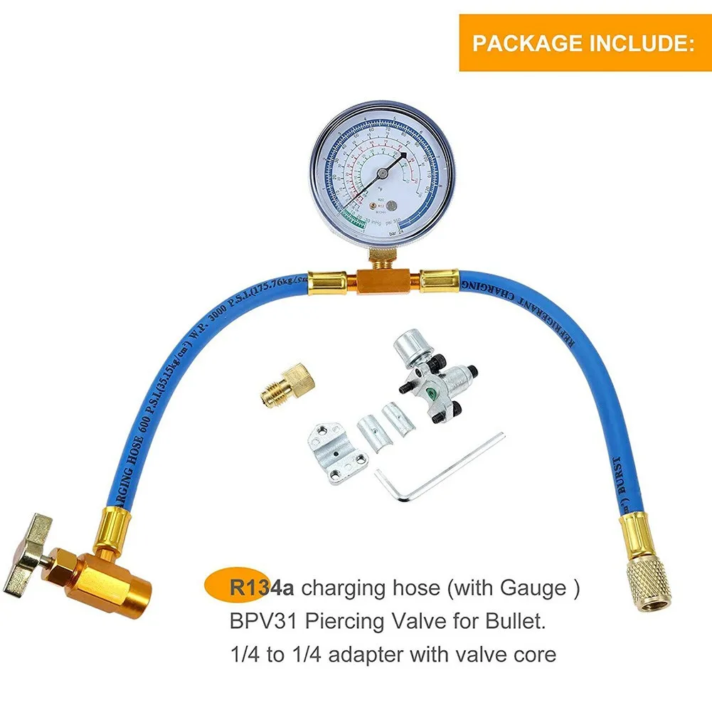 AC Charging Hose Accessories R134a Adapter BPV31 Bullet Recharge W/ Gauge