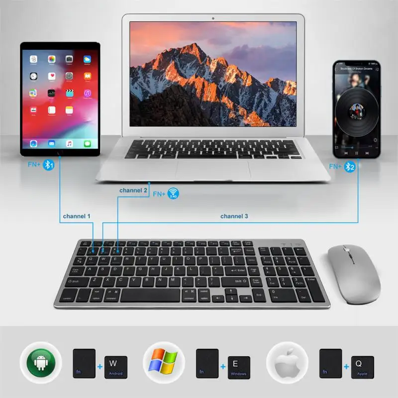 

Беспроводная Bluetooth клавиатура двойного режима + уровень мыши 3 DPI Регулируемая Универсальная клавиатура совместимая с Android/Windows/iOS/Mac OS