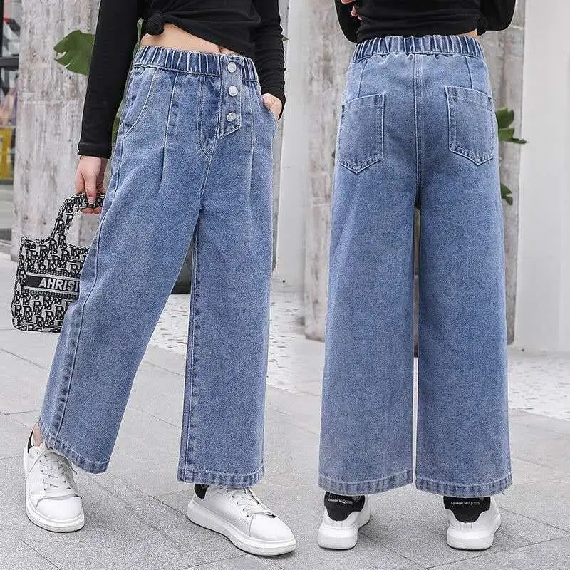 

Teenage Girls Jeans Wide Leg Pants Straight Cotton Children Loose Jeans Ripped Denim Trousers Fashion Kid Big Girls Clothing