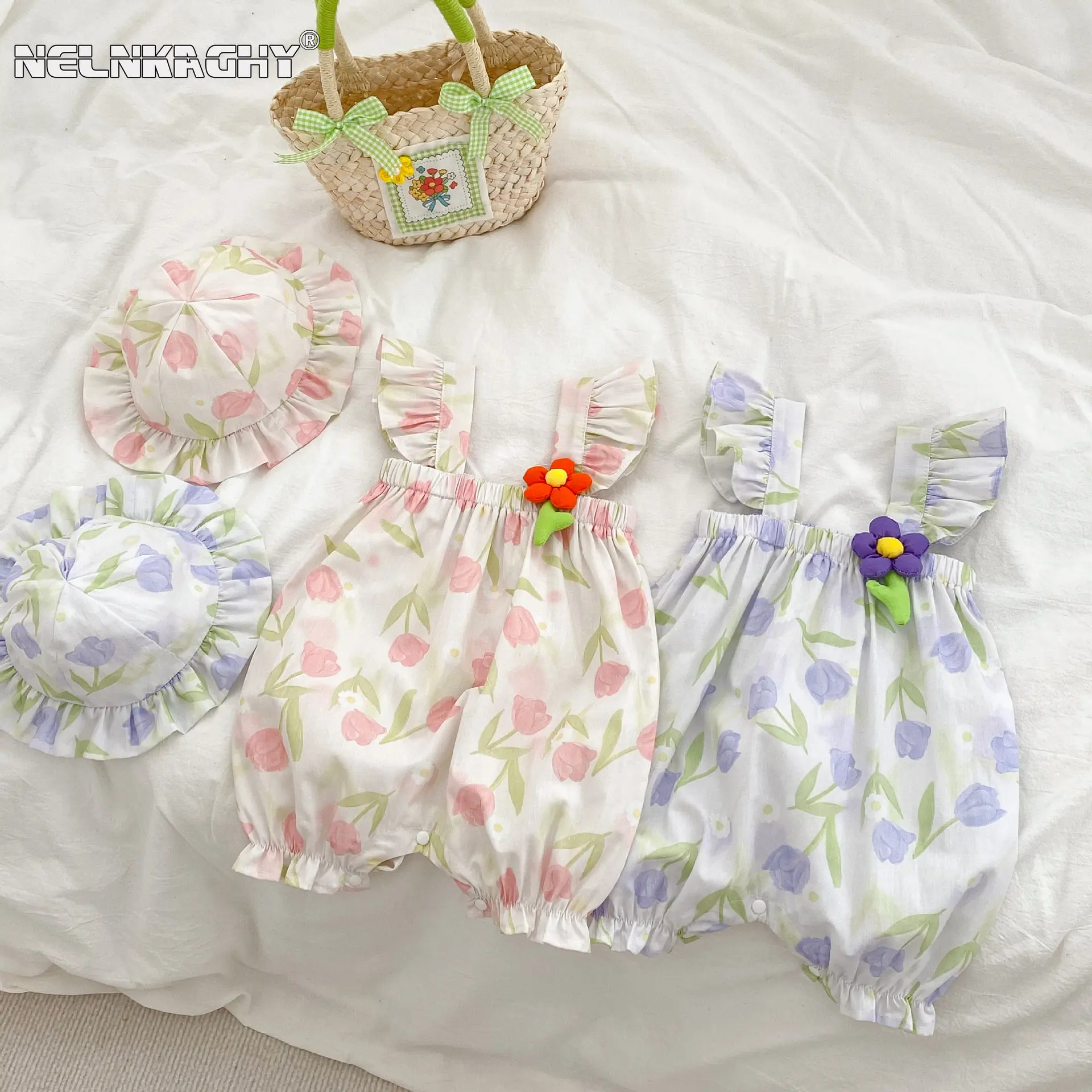 

Summer Newborn Baby Girls Fly Sleeve Flower Outwear Jumpsuits Infant Kids Cotton Clothing Toddler Princess Romper Gift Hat