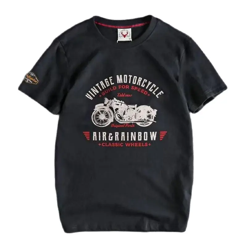 

2022 New American Retro Short Sleeve T-shirt Top Motorcycle Printed T-shirt Amikaki Cotton Round Neck Short Sleeve T-shirt Male