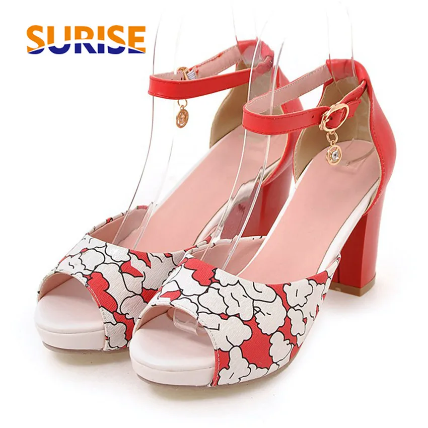 

Big Size Office Woman Platform Sandals Red Blue Graffiti Print High Block Heel Club Party Lady Summer Peep Toe Ankle Strap Shoes