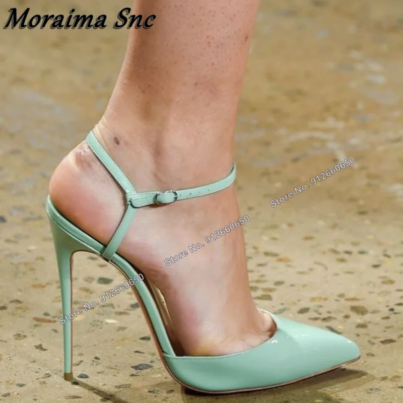 Moraima Snc Solid Patent Leather Sandals Shallow Pumps Cut Heel Pointy Toe Women High Heels Shoes Women Stilettos Heels Sandals