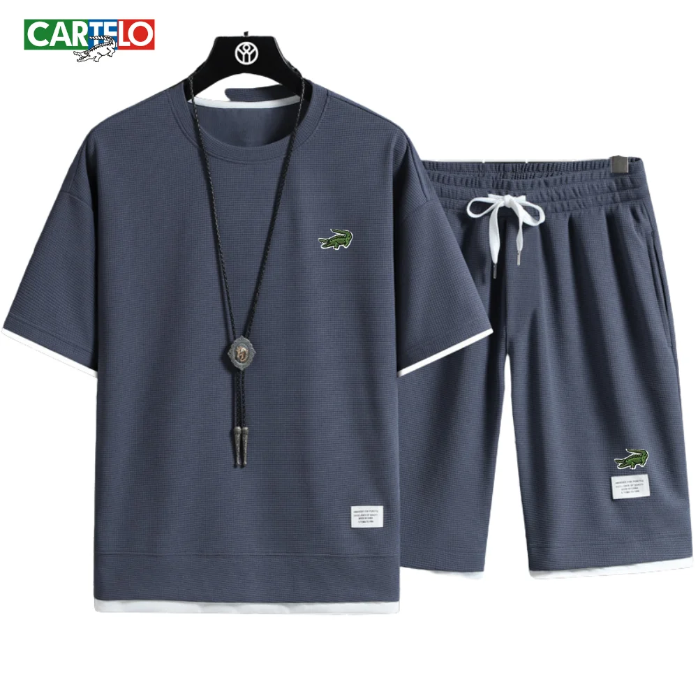 CARTELO Summer Men's Short Sleeve Set Mens T-shirt+Shorts Fashion Breathable Male Clothing Two Piece Set Student Style
