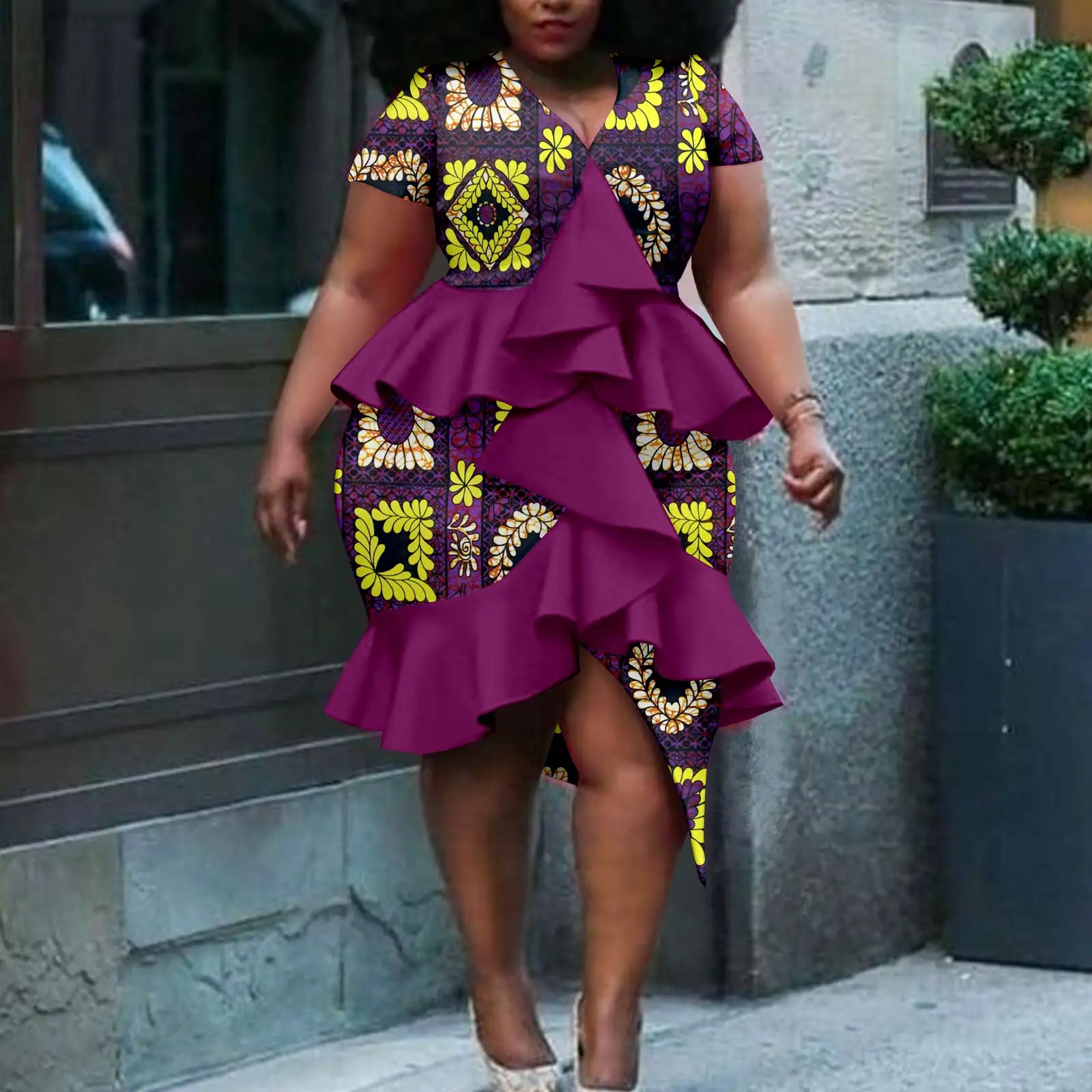 Afripride African Women's Ankara Printed Fabric Short Sleeve Casual Travel Ruffle Plus Size Dress A2225129