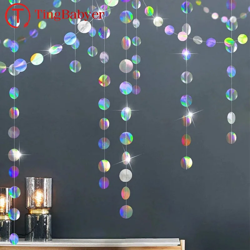 

4M Iridescent Paper Round Banner Happy Birthday Decoration First Boy Girl Party Kids 1st One Year Bunting Garland Supplies Adult