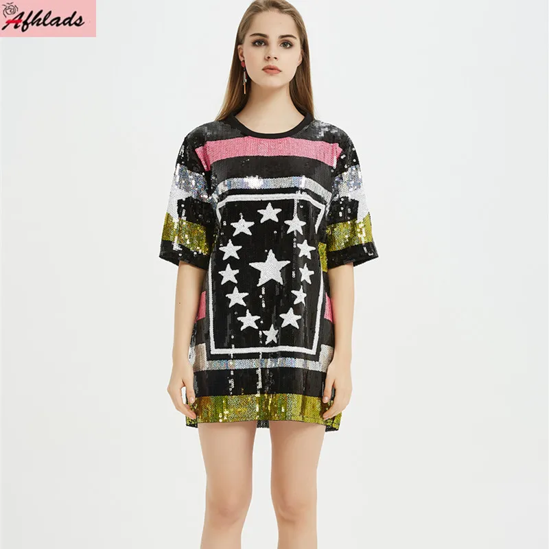 

Summer New Sequins Geometric Patchwork Color Short Sleeve Streetwear Round Neck T-Shirt Hip Hop Loose Women's Wear