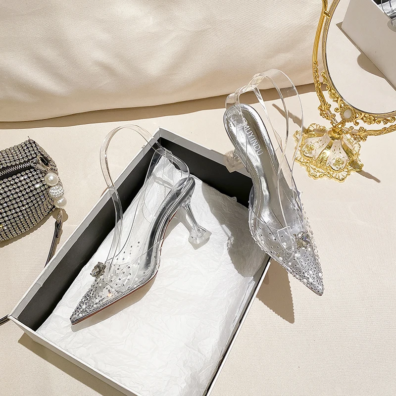 2023 New Summer Women's Single Shoes French Thin Strap Rhinestone Strap Transparent Word Strap High Heels All-match Sandals For