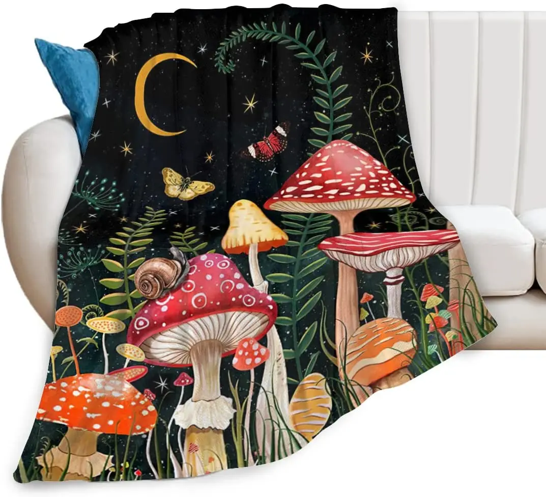 

Mushroom Moon Stars Boho Butterfly Blankets Soft and Lightweight Aesthetic Flannel Throw Suitable for Use in Bed