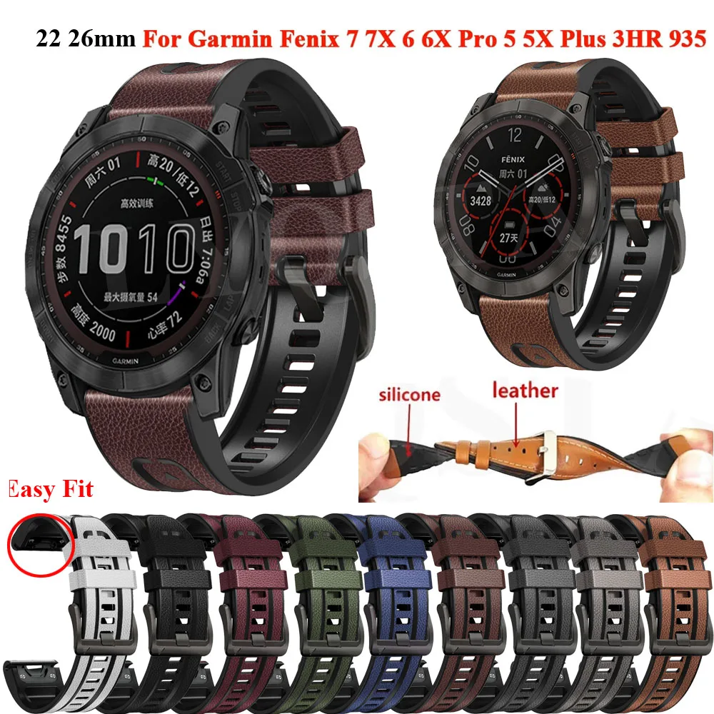 

Ремешок для смарт-часов Garmin Fenix 7 7X, браслет из силикона и кожи, быстросъемный браслет для наручных часов Fenix 6X 5X 6 5 Plus 945, 22 26 мм