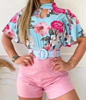summer two piece set women fashion short sleeved v neck blouse sashes flower printed shorts pants suit casual 2 piece set women