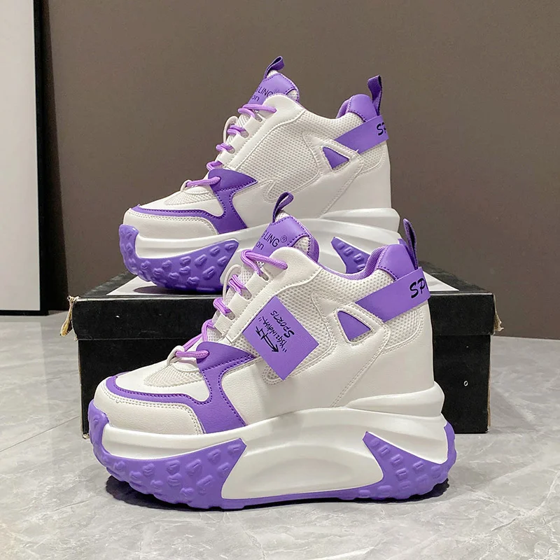 

Women Chunky Sneakers 9.5CM High Platform Purple Wedge Shoes Ladies Wedges Casual Shoes For Woman White Sports Dad Shoes 2023