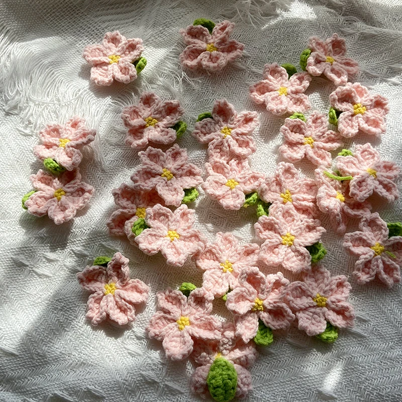 2 шт. вязаные крючком розовые зеленые листья цветок ручная вязка Цветущий вишни