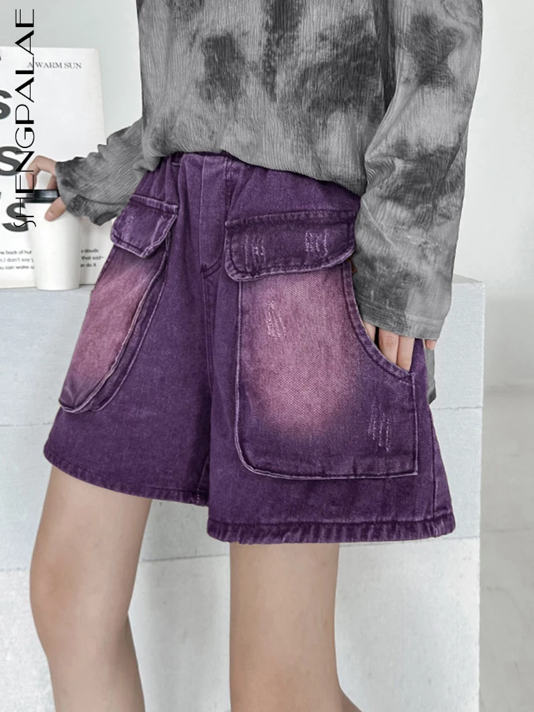 

SHENGPALAE Washed And Worn Denim Shorts Loose Hree-dimensional Pocket Straight Cargo Pants Women 2023 Summer New Clothing 5R3365