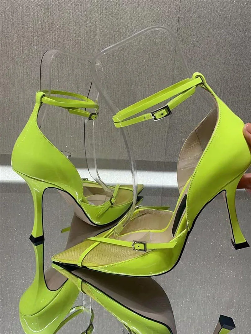 

Sexy Designer Women Shoes Mesh Cover Sandals Buckle Strap Thin Heels Point Toe Stiletto Party Chaussure Femme Luxury Pumps