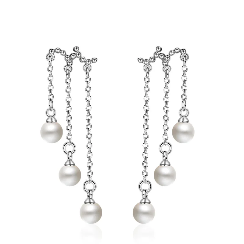 

S925 Sterling Silver 45MM 3 Pearls Tassel Earrings For Women Fashion Charm Wedding Anniversary Gift Jewelry