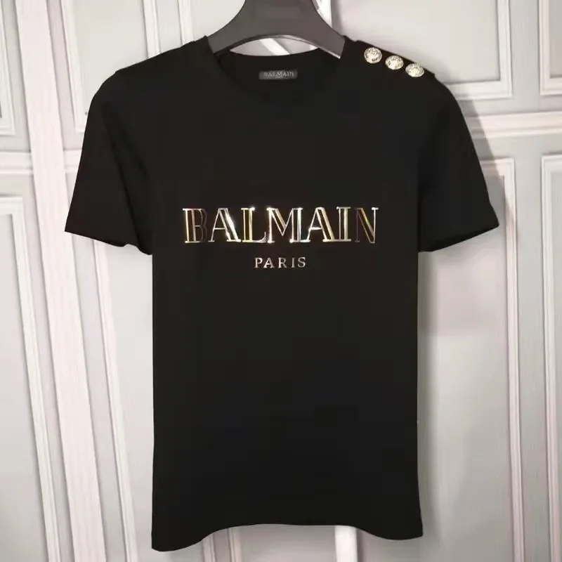 

2023 spring and summer new one-shoulder silver buckle bronzing letters cotton T-shirt couple short sleeves