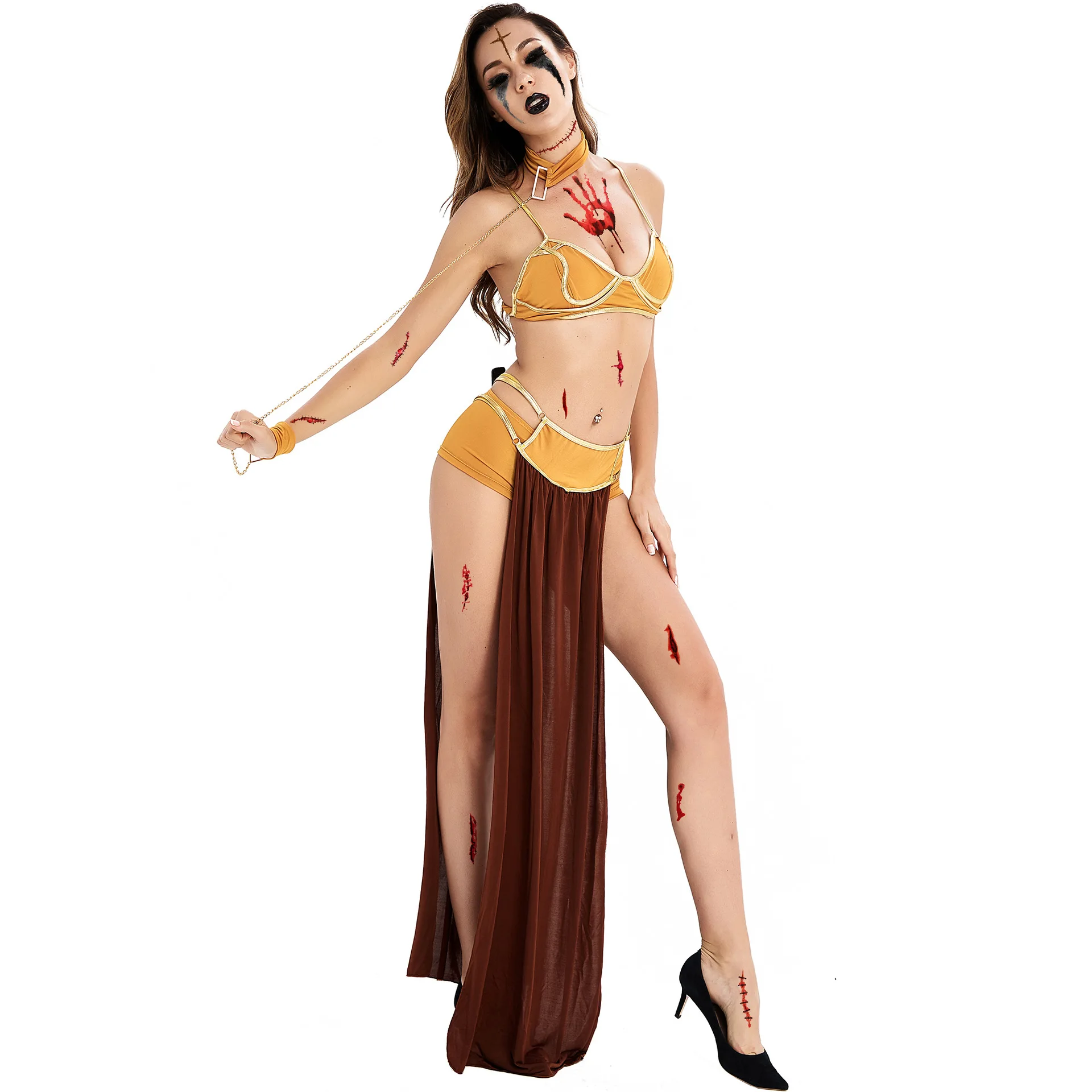 

Adult Arab and India Girl Costumes Princess Leia Slave Dress Bra Suit Halloween Cosplay Egyptian Goddess Sexy Golden Bikini Set