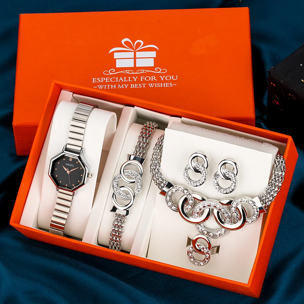 

Fashion Women Watch Set Bracelet Necklace Earrings Exquisite Wristwatch Stainless Steel Band Luxury Watches Sets for Girlfriend