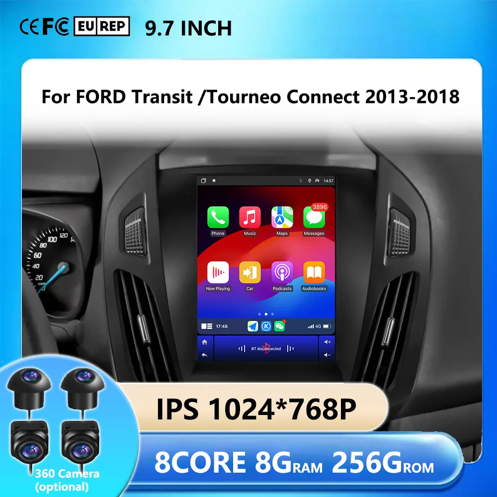 Фото Автомагнитола Android 16 с GPS-навигацией 9.7 дюймов для FORD Transit / Tourneo Connect 2013-2018, мультимедийный плеер 4G 8-ядерный, CarPlay №1