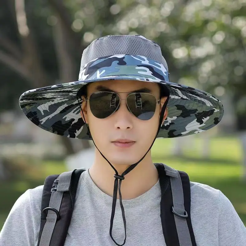 

Summer men's outdoor mountain climbing sun hat 12CM brim sun protection hat large brim camouflage breathable men's hat wholesale