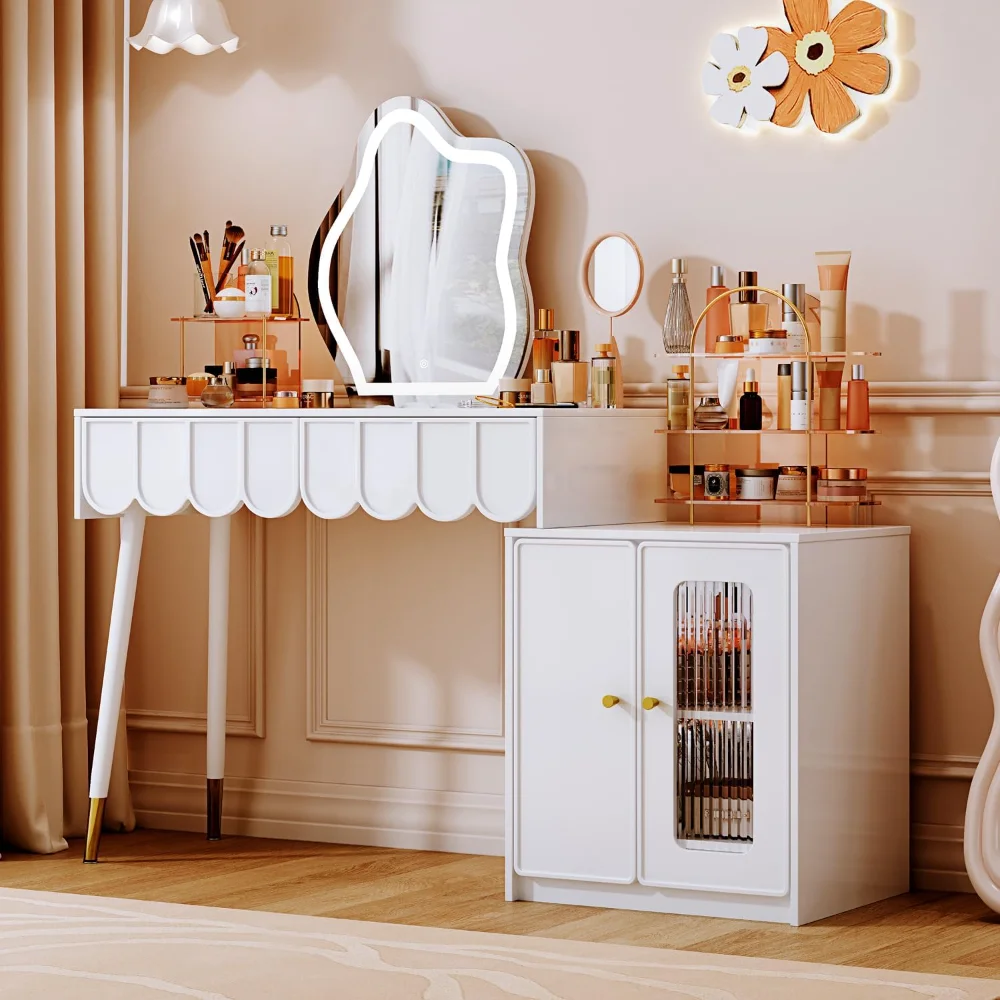 

White Modern Vanity desk,Retractable Makeup dressing table with Nightstand,with Lighted Mirror and 2spacious drawers vanity