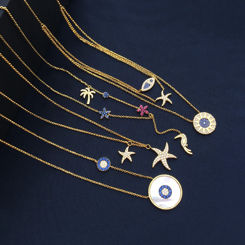 

Amoo Women Mother Pearl Shell Sun Starfish Woodpecker Flower Palm Tree Fish Star Jellyfish Pendant Necklace S925 Sterling Silver