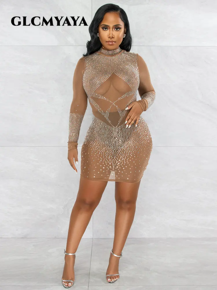 

Женское Сетчатое мини-платье с длинным рукавом GLCMYAYA, соблазнительное вечернее облегающее платье-миди со стразами, 2023