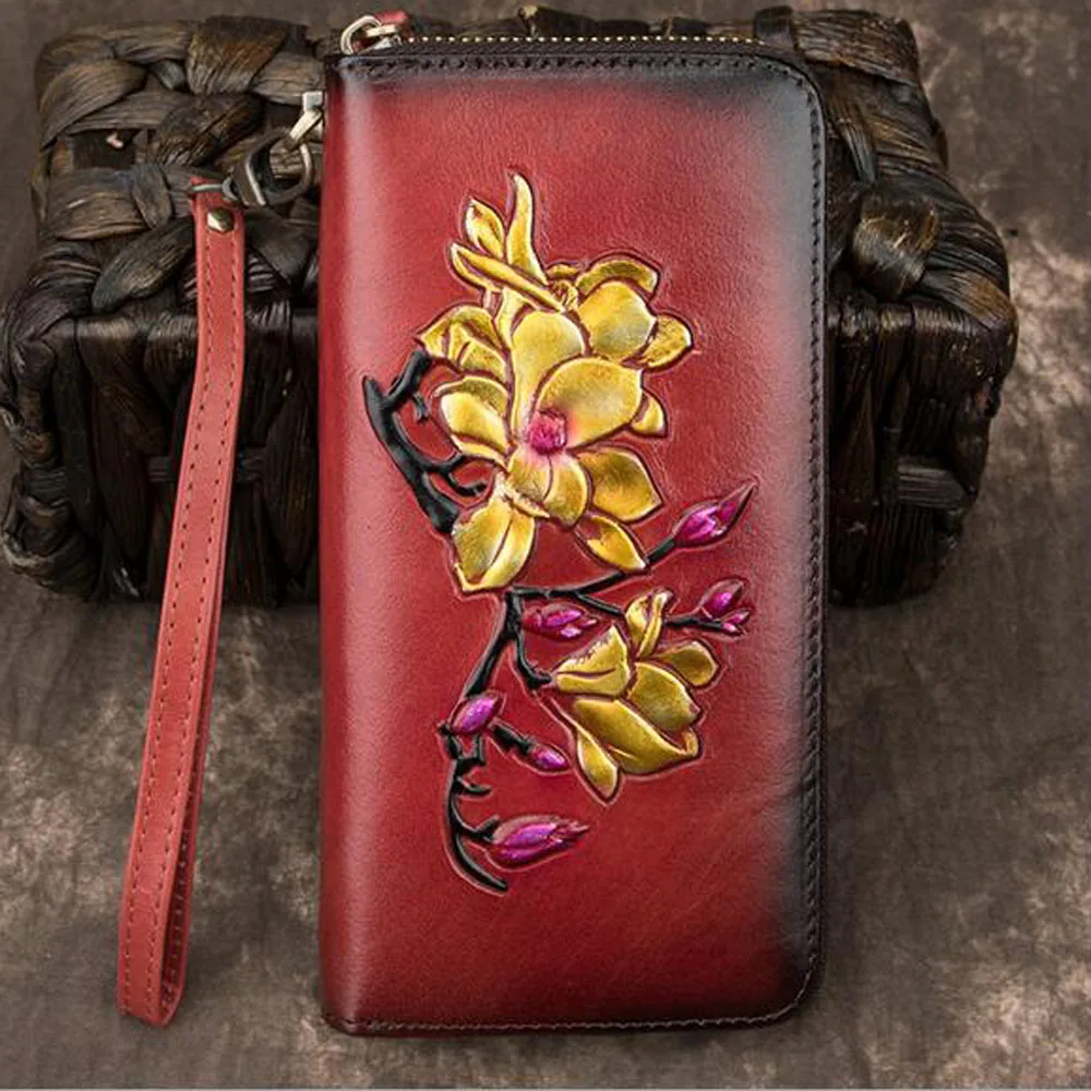 Women Clutch Wallet Zipper Bag Female ID Credit Cards Clips Floral Genuine Leather   Embossed Printing  Long Purse Wrist Money B