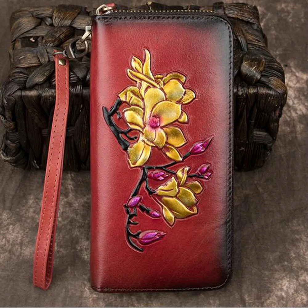 Women Clutch Wallet Zipper Bag Female ID Credit Cards Clips Floral Genuine Leather Embossed Printing Long Purse Wrist Money B | Багаж и