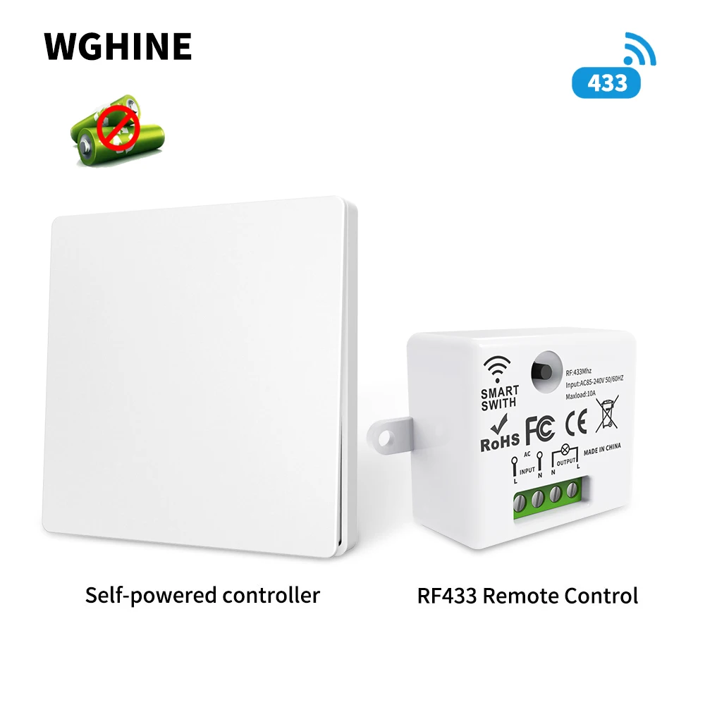 WGHINE RF433Mhz беспроводной смарт-переключатель с автономным питанием, водонепроницаемый кнопочный переключатель 110v 220v, дистанционное управление