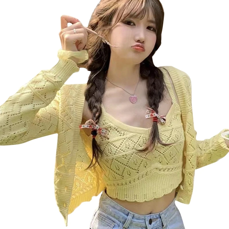 

2 Pieces Autumn Camisole and Sweater Cardigan Sets Women Hollow Out Knitted Solid Color Jacket Korean Style Outerwear
