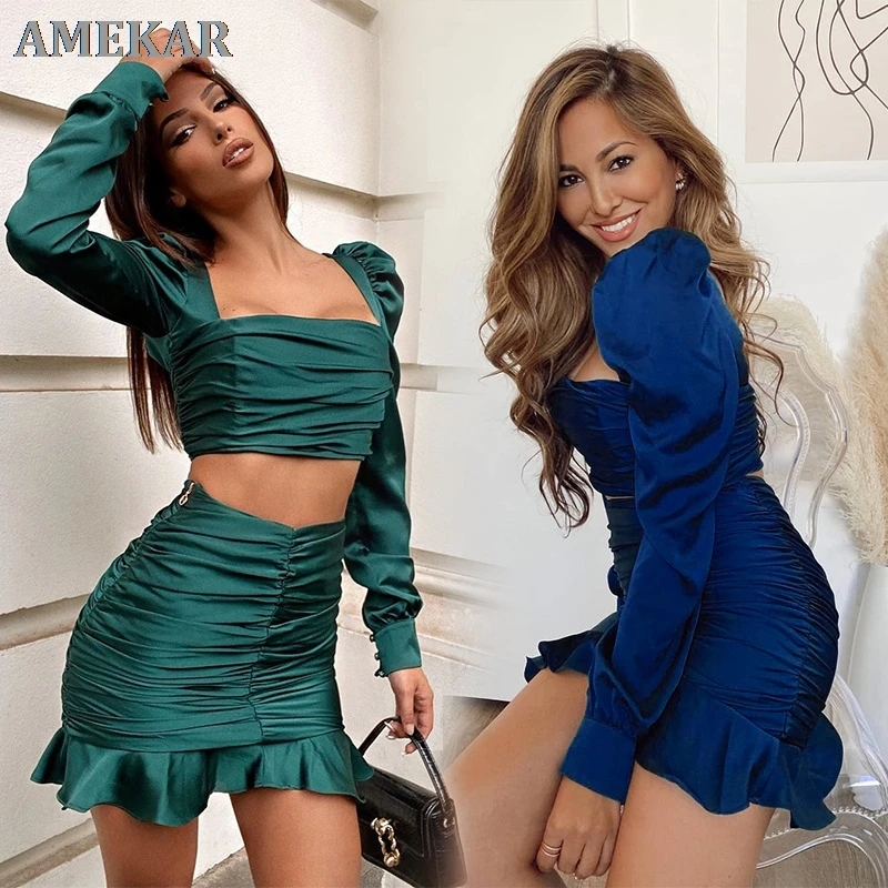 

New Women's Sexy Top Pleated Ruffle Skirt Suits For High Waist Short Women Two Piece Outfits Set Office Clothes Female Business