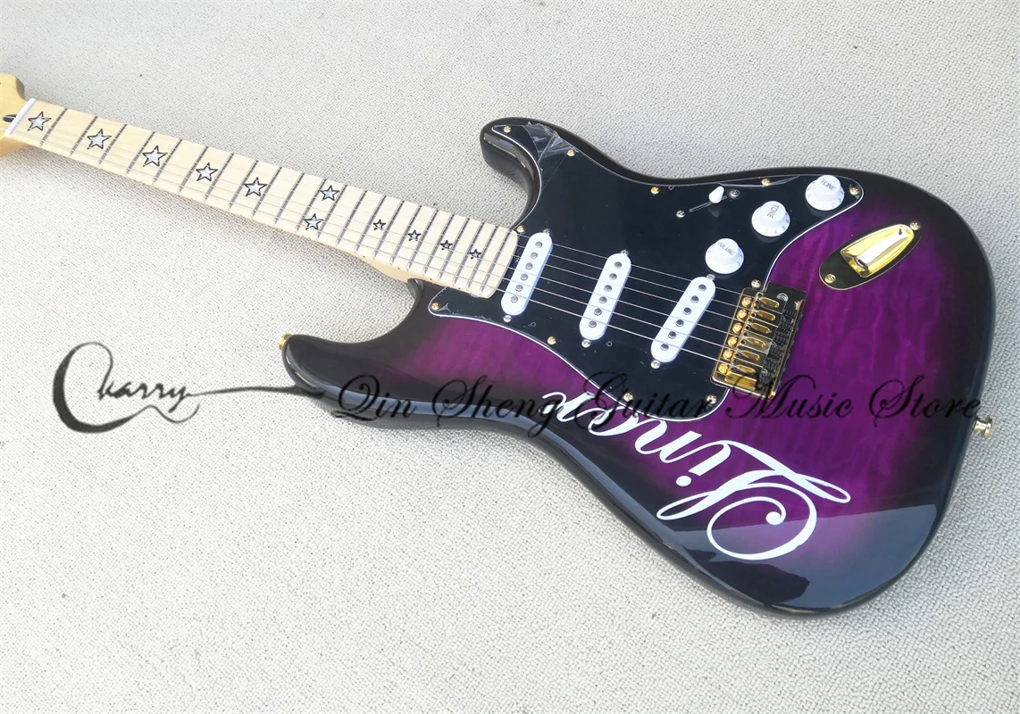 

6 string electric guitar, stra purple guitar, cloud pattern veneer, gold bridge, star inlaid fingerboard