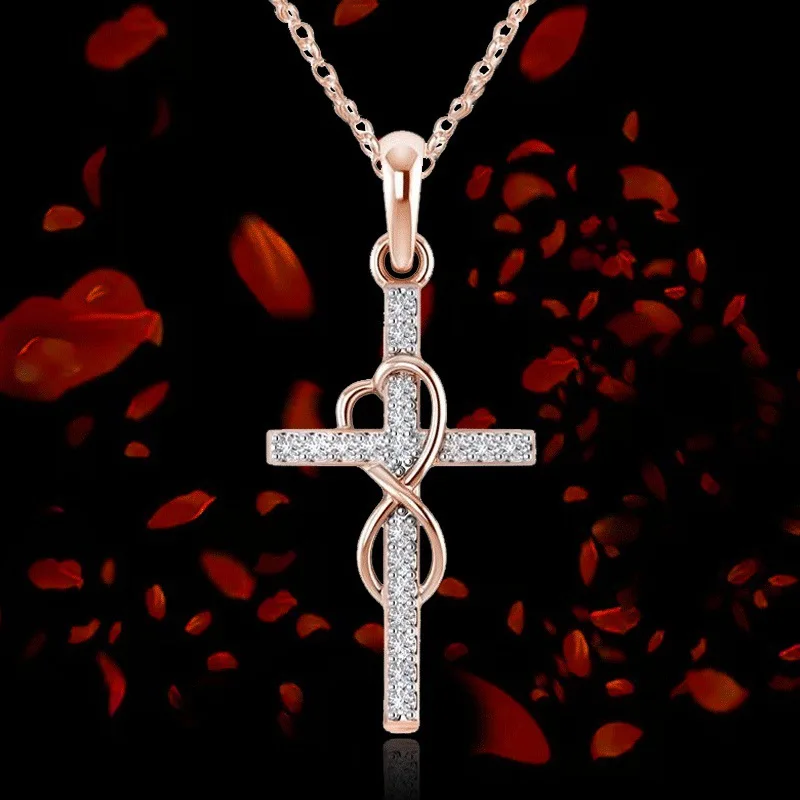 

New 2022 Eternal Unlimited Love 8-word Inlaid Zircon Cross Necklace Pendant for Women Girl Party Jewelry Gifts