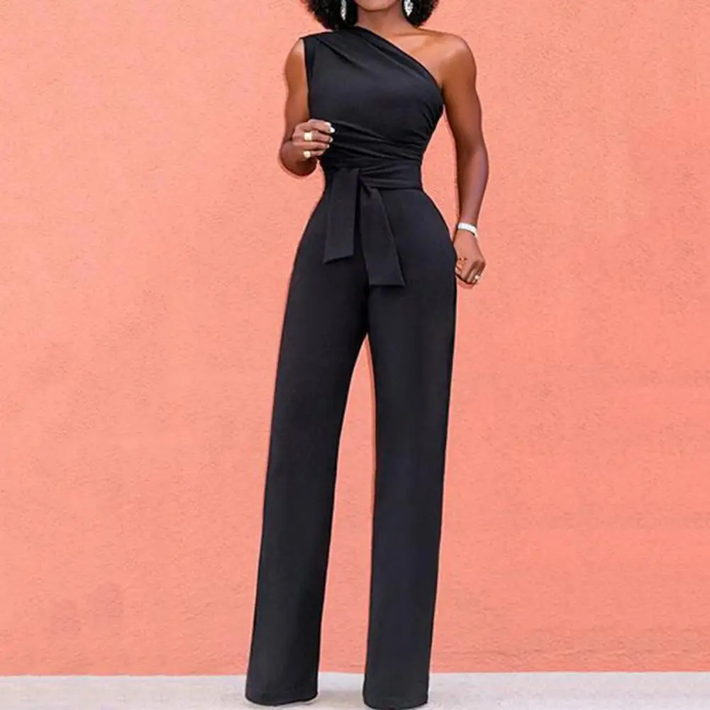 

Banquet Romper One Shoulder Close-fitting Sexy Breathable Firm Stitching Solid Color with Belt Slim Fit Sleeveless Prom Jumpsuit