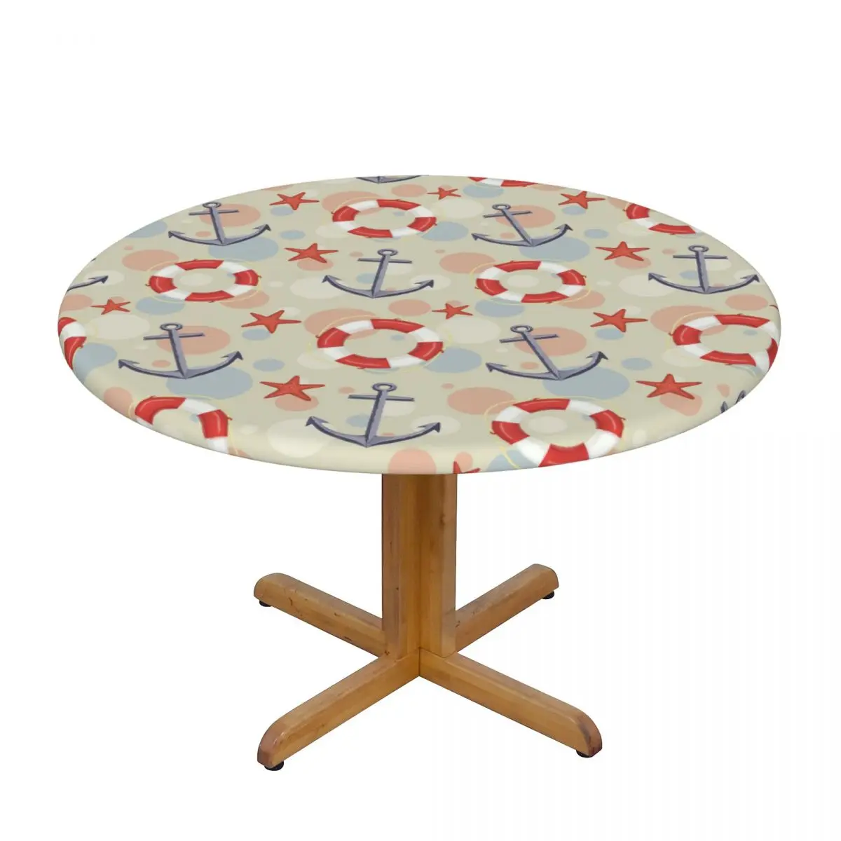 

Round Table Cover for Dining Table Elastic Tablecloth Nautical Starfish Anchor And Lifebuoy Fitted House Hotel Decoration