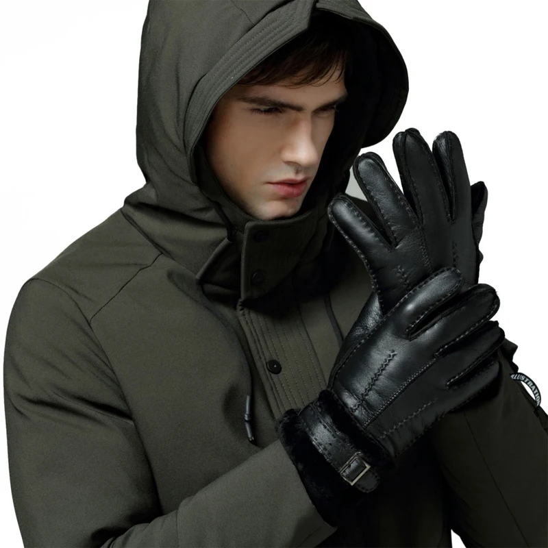 100% Sheepskin Winter Gloves for Women Men Real Cashmere Fur Warm Gloves Ladies Full Finger Genuine Leather Mitten Gloves images - 6