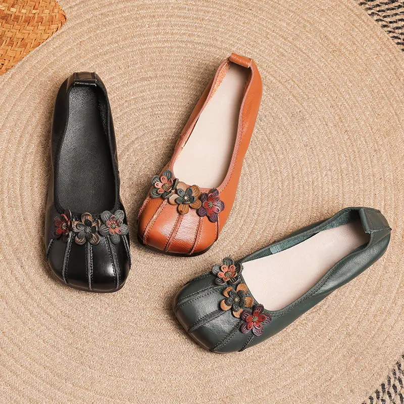 

2023 Vintage Floral Ballet Flats Women's Genuine Leather Shallow Shoes Mom Driving Loafers Ladies Retro Cozy Green Moccasins