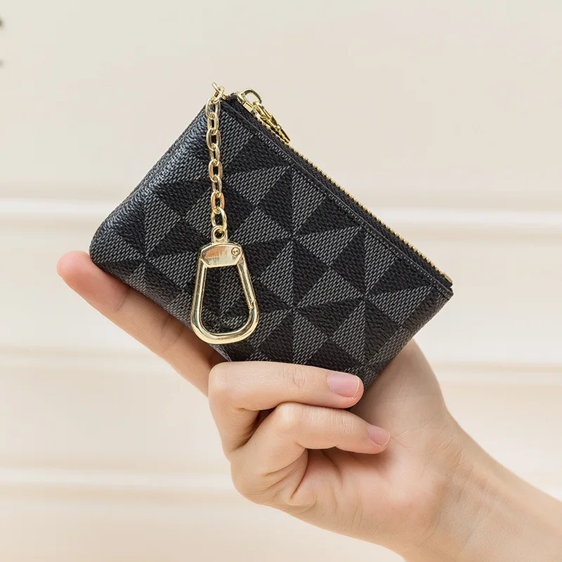New Coin Key Storage Bag With Chain Women Mini Coin Purse Luxury Designer Plaid Leather Small Zipper Wallet Ladies Keychain Bag